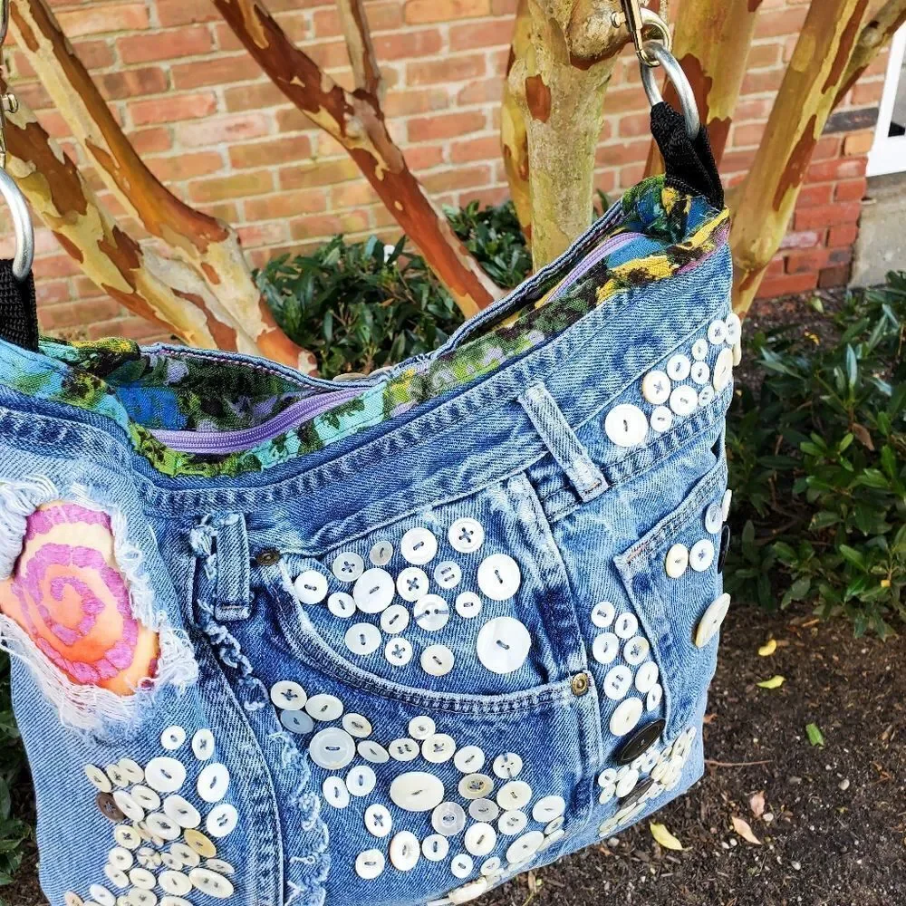 Handmade Recycled Denim Button Detail Gypsy Boho Crossbody Bag.